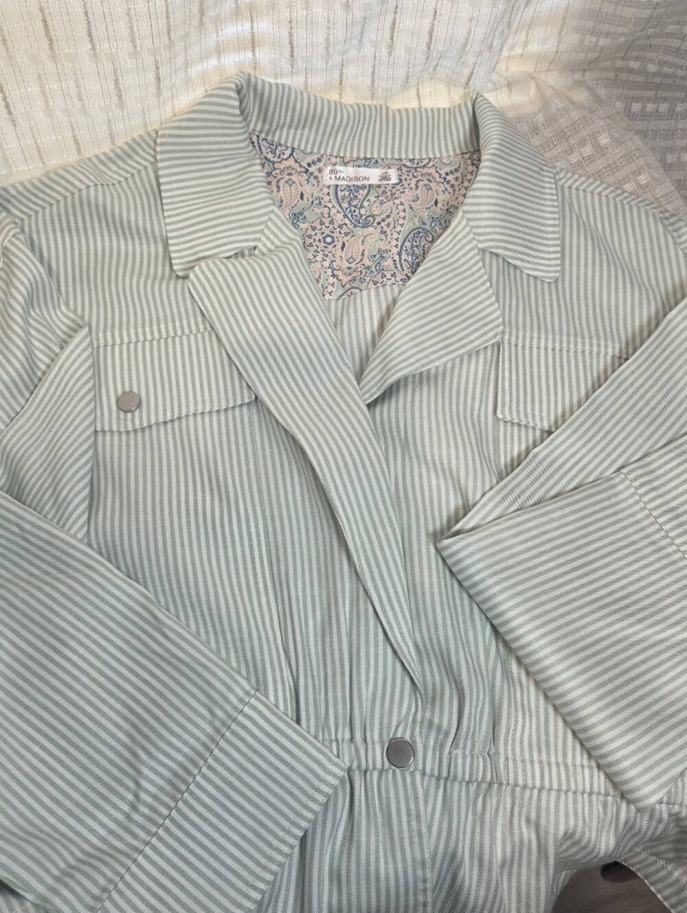 89th + Madison Mint Striped Peplum Blazer Jacket Size L Cropped Cinched Waist